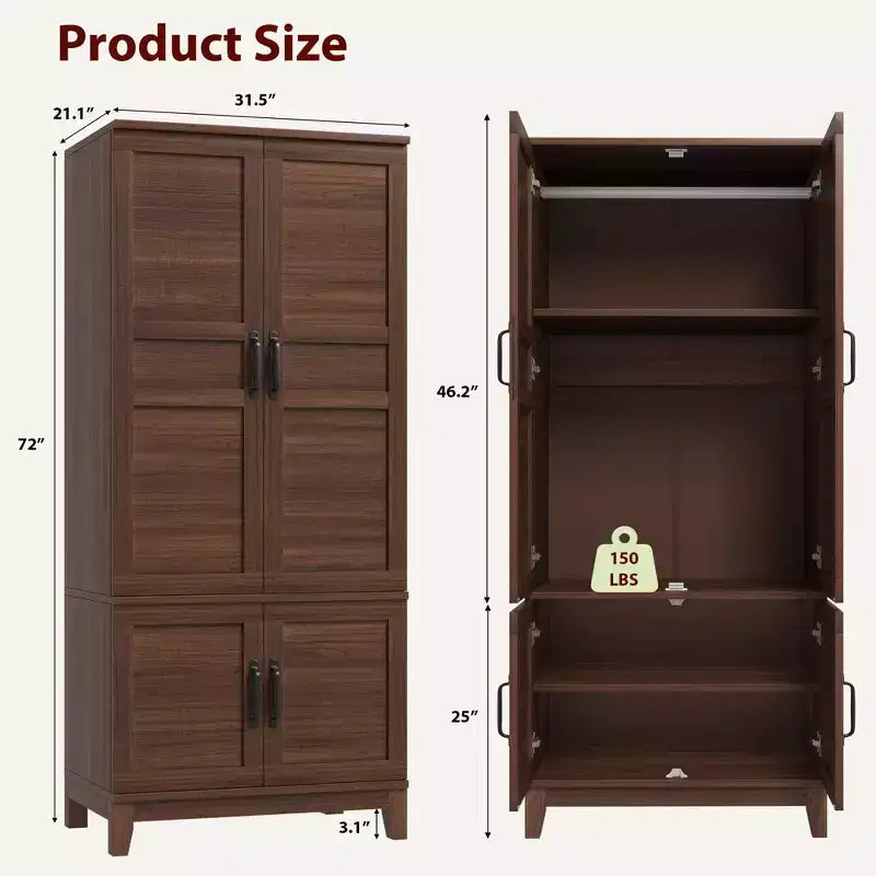 72 Wooden Wardrobe Cabinet with Hanging Rod, Freestanding Tall Clothing Armoire Cabinet with 18 Adjustable Shelves