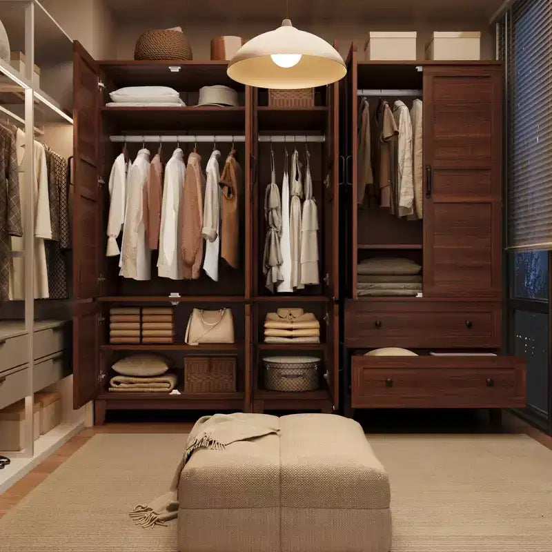 72 Wooden Wardrobe Cabinet with Hanging Rod, Freestanding Tall Clothing Armoire Cabinet with 18 Adjustable Shelves