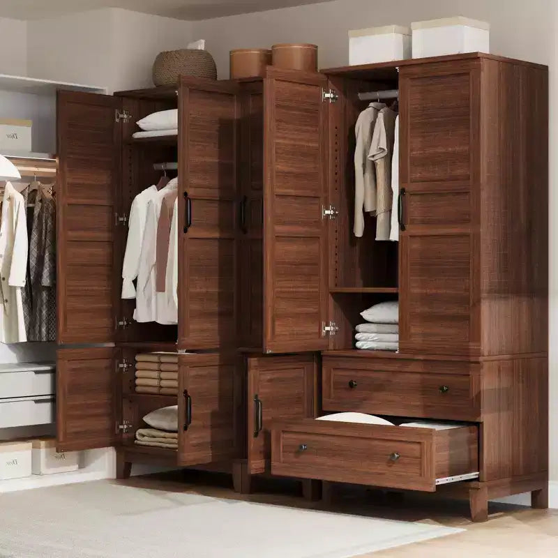 72 Wooden Wardrobe Cabinet with Hanging Rod, Freestanding Tall Clothing Armoire Cabinet with 18 Adjustable Shelves