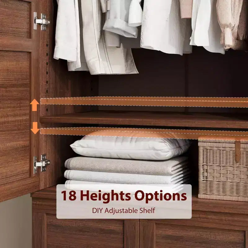 72 Wooden Wardrobe Cabinet with Hanging Rod, Freestanding Tall Clothing Armoire Cabinet with 18 Adjustable Shelves