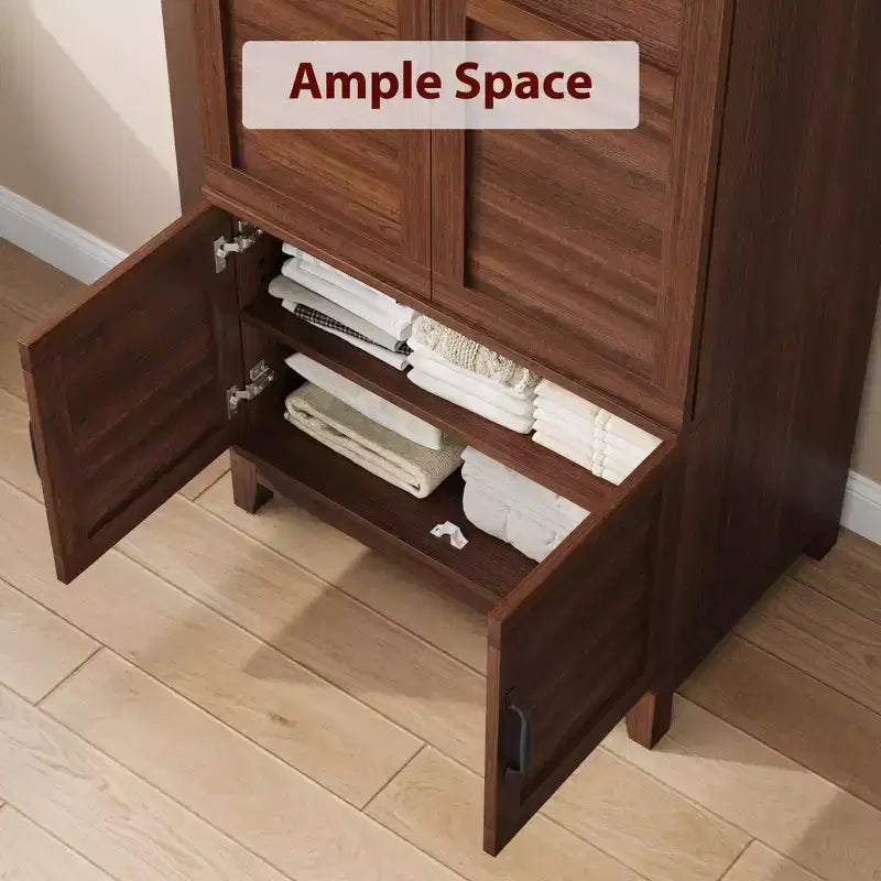 72 Wooden Wardrobe Cabinet with Hanging Rod, Freestanding Tall Clothing Armoire Cabinet with 18 Adjustable Shelves