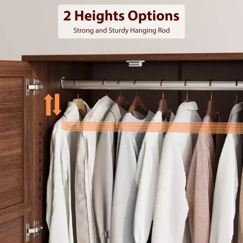 72 Wooden Wardrobe Cabinet with Hanging Rod, Freestanding Tall Clothing Armoire Cabinet with 18 Adjustable Shelves