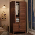 72 Wooden Wardrobe Cabinet with Hanging Rod, Freestanding Tall Clothing Armoire Cabinet with 18 Adjustable Shelves