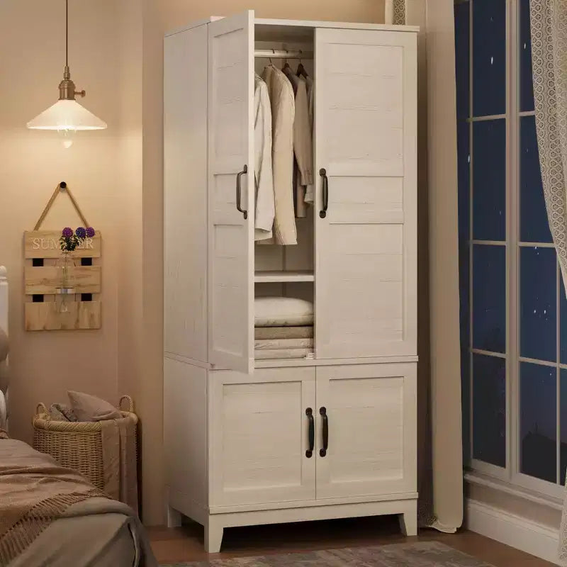 72 Wooden Wardrobe Cabinet with Hanging Rod, Freestanding Tall Clothing Armoire Cabinet with 18 Adjustable Shelves