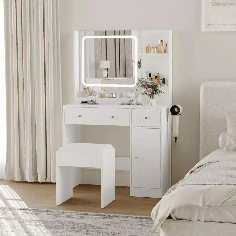 Makeup Vanity Desk with Mirror, 37W Large Dressing Table with Drawers & Stool, Modern Makeup Vanity Table for Small Space Bedroom