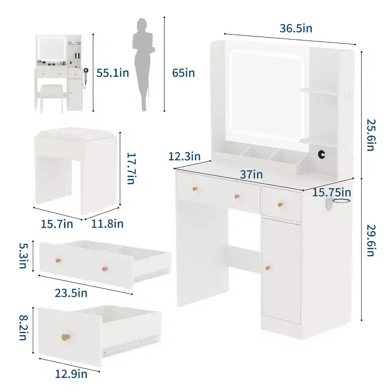 Makeup Vanity Desk with Mirror, 37W Large Dressing Table with Drawers & Stool, Modern Makeup Vanity Table for Small Space Bedroom