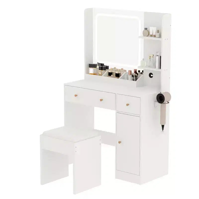 Makeup Vanity Desk with Mirror, 37W Large Dressing Table with Drawers & Stool, Modern Makeup Vanity Table for Small Space Bedroom