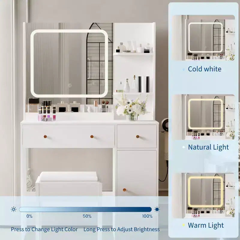 Makeup Vanity Desk with Mirror, 37W Large Dressing Table with Drawers & Stool, Modern Makeup Vanity Table for Small Space Bedroom