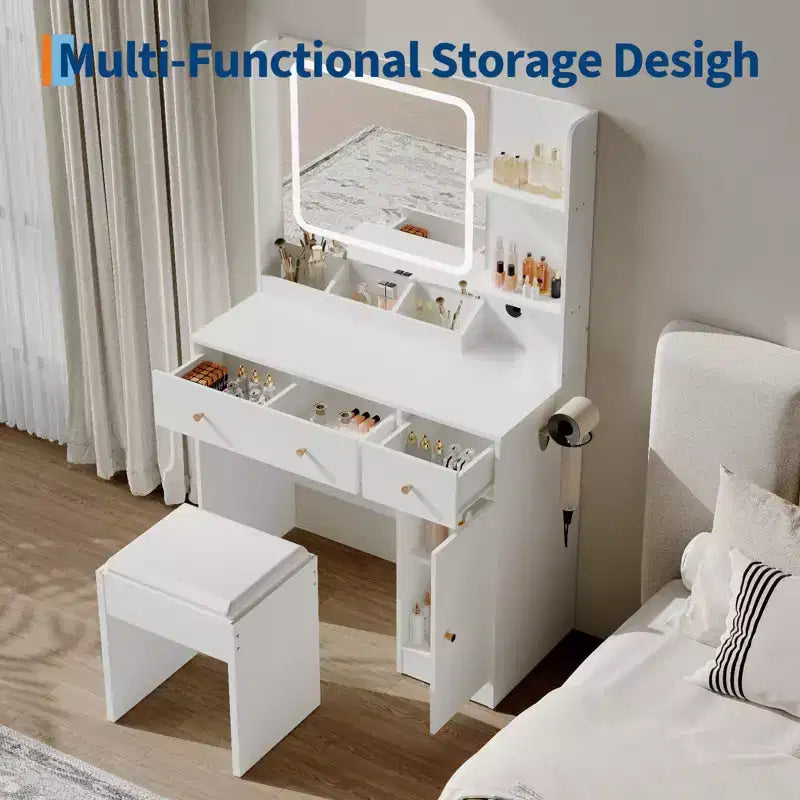 Makeup Vanity Desk with Mirror, 37W Large Dressing Table with Drawers & Stool, Modern Makeup Vanity Table for Small Space Bedroom