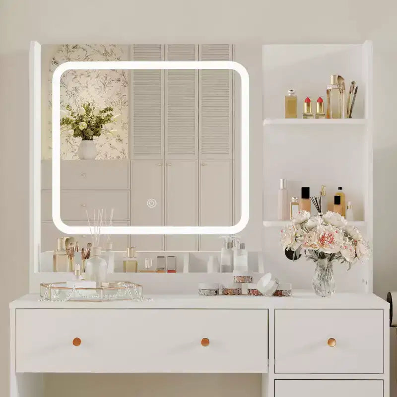 Makeup Vanity Desk with Mirror, 37W Large Dressing Table with Drawers & Stool, Modern Makeup Vanity Table for Small Space Bedroom