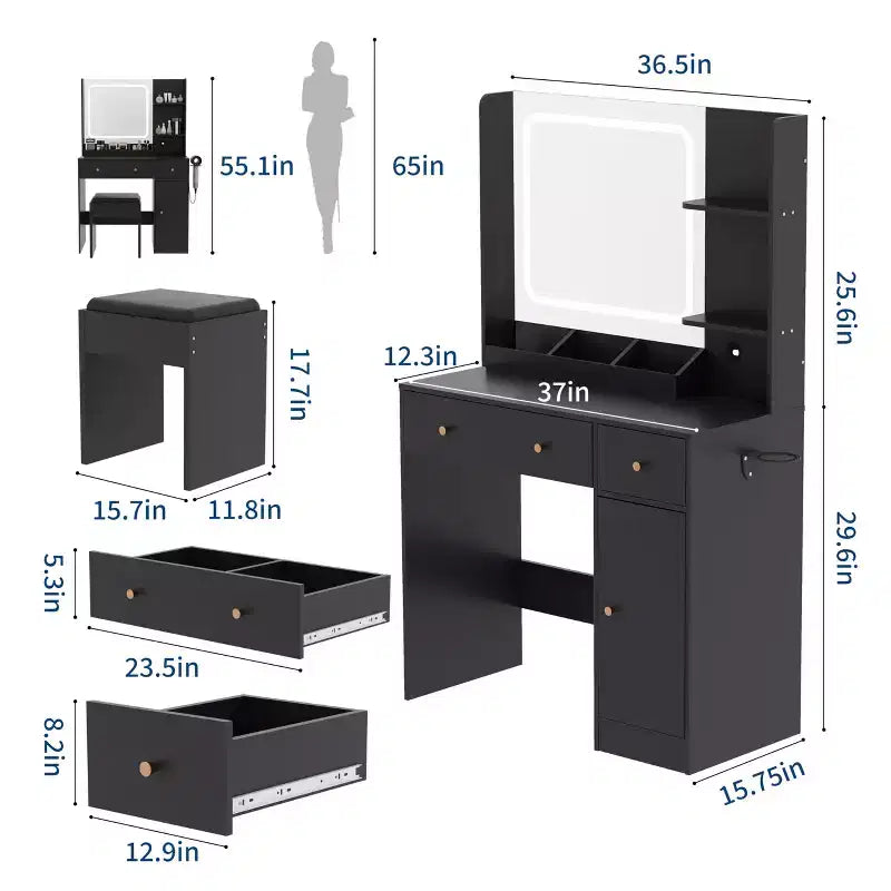 Makeup Vanity Desk with Mirror, 37W Large Dressing Table with Drawers & Stool, Modern Makeup Vanity Table for Small Space Bedroom