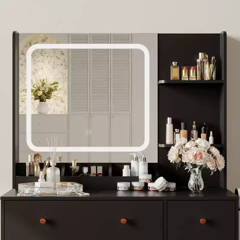 Makeup Vanity Desk with Mirror, 37W Large Dressing Table with Drawers & Stool, Modern Makeup Vanity Table for Small Space Bedroom