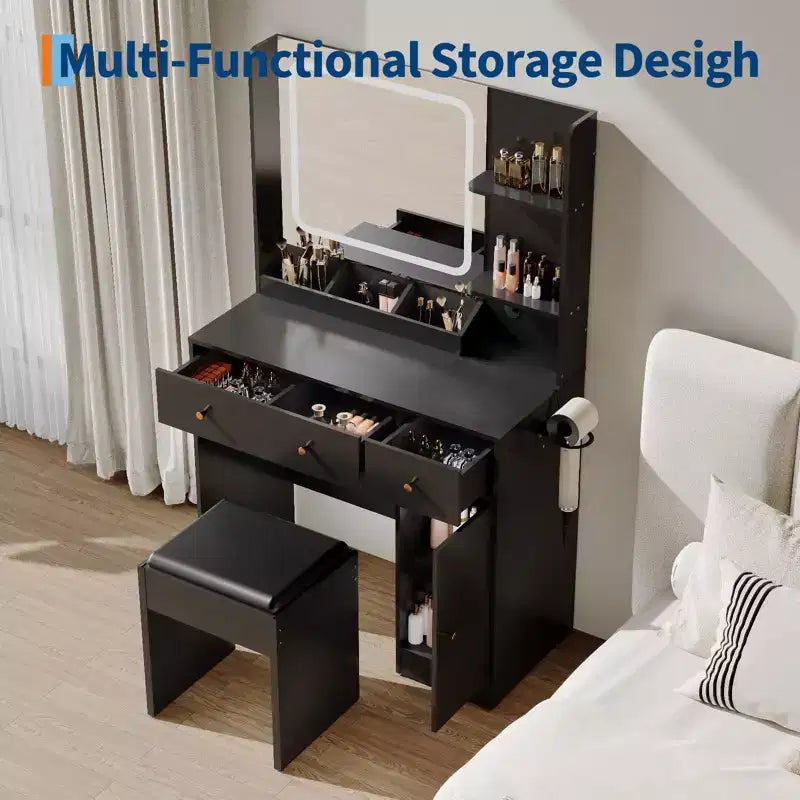Makeup Vanity Desk with Mirror, 37W Large Dressing Table with Drawers & Stool, Modern Makeup Vanity Table for Small Space Bedroom