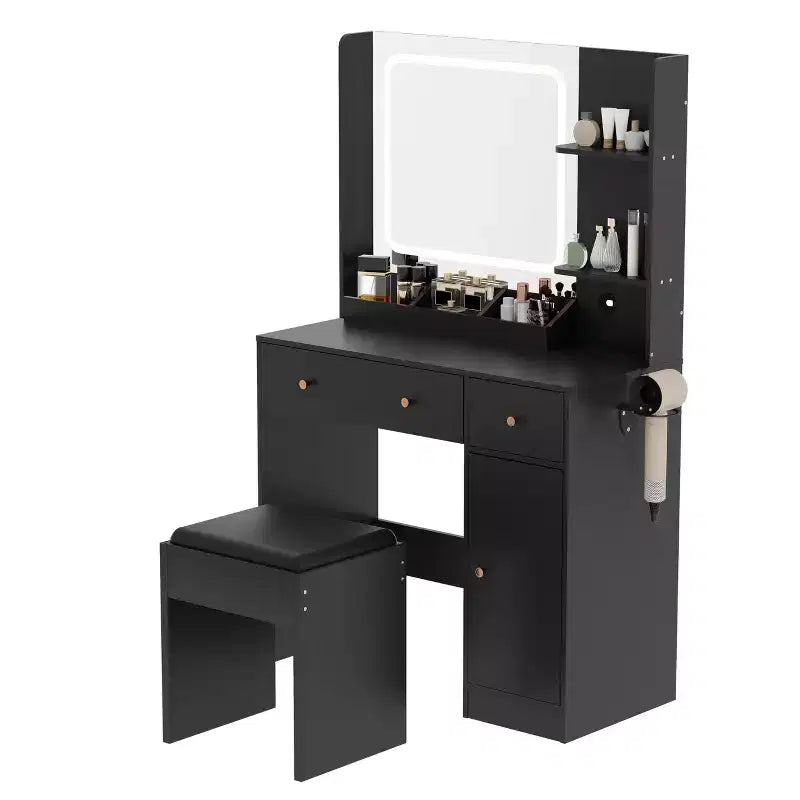 Makeup Vanity Desk with Mirror, 37W Large Dressing Table with Drawers & Stool, Modern Makeup Vanity Table for Small Space Bedroom