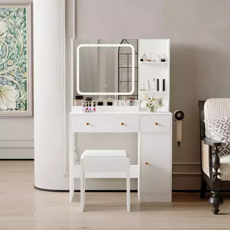 Makeup Vanity Desk with Mirror, 37W Large Dressing Table with Drawers & Stool, Modern Makeup Vanity Table for Small Space Bedroom