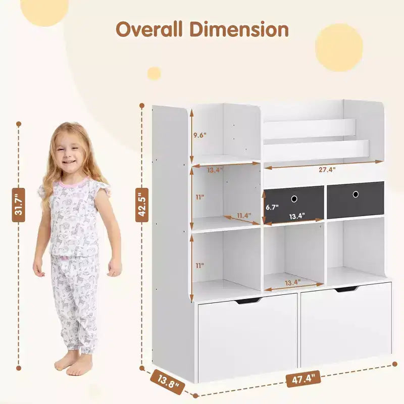 COZONY 47 Toy Storage Organizer with Drawers, Wooden Kids Bookshelf & Cubby Bookcase, Toy Chest for Playroom, Nursery, Kids Room, White