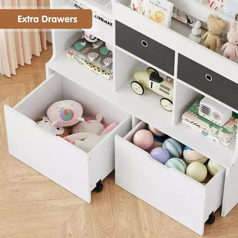 COZONY 47 Toy Storage Organizer with Drawers, Wooden Kids Bookshelf & Cubby Bookcase, Toy Chest for Playroom, Nursery, Kids Room, White