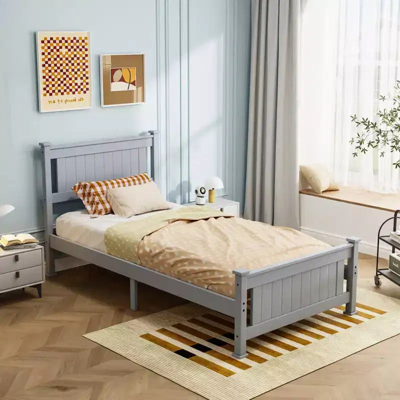 VINGLI Twin Bed Frame Solid Wood Platform Bed Frame, Single Panel Bed with Headboard, No Box Spring Needed Panel Bed, Wood Slat Support, Gray