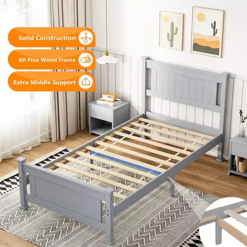 VINGLI Twin Bed Frame Solid Wood Platform Bed Frame, Single Panel Bed with Headboard, No Box Spring Needed Panel Bed, Wood Slat Support, Gray