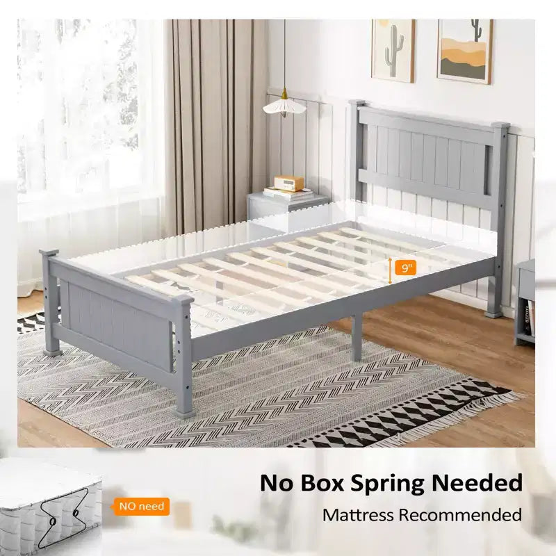 VINGLI Twin Bed Frame Solid Wood Platform Bed Frame, Single Panel Bed with Headboard, No Box Spring Needed Panel Bed, Wood Slat Support, Gray