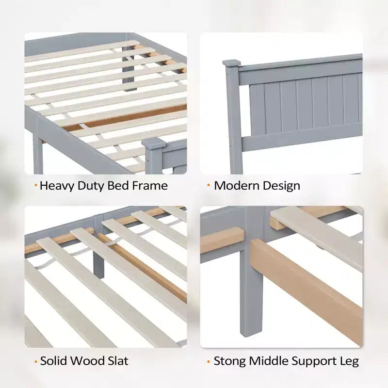 VINGLI Twin Bed Frame Solid Wood Platform Bed Frame, Single Panel Bed with Headboard, No Box Spring Needed Panel Bed, Wood Slat Support, Gray