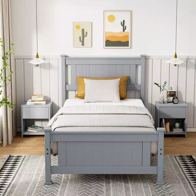 VINGLI Twin Bed Frame Solid Wood Platform Bed Frame, Single Panel Bed with Headboard, No Box Spring Needed Panel Bed, Wood Slat Support, Gray