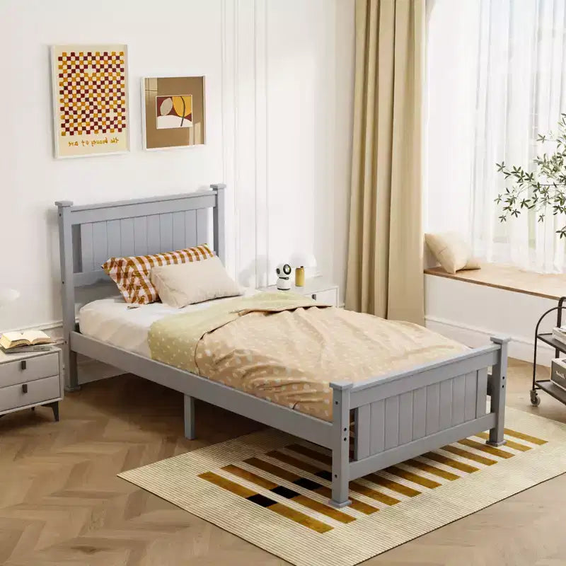 VINGLI Twin Bed Frame Solid Wood Platform Bed Frame, Single Panel Bed with Headboard, No Box Spring Needed Panel Bed, Wood Slat Support, Gray