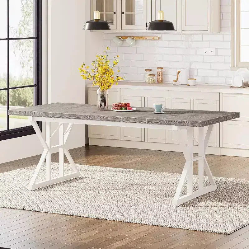 Okak Rustic Wood Large Rectangular Dining Table with X-Trestle Metal Legs,Long Modern Kitchen Dinner Table for Dining Room,Family Meals