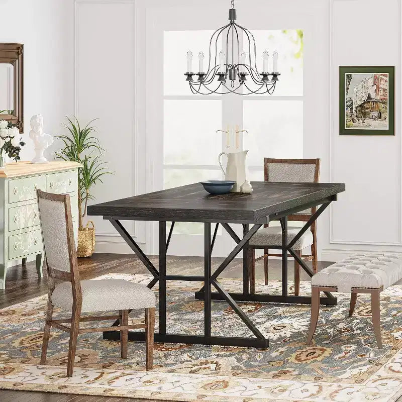 Okak Rustic Wood Large Rectangular Dining Table with X-Trestle Metal Legs,Long Modern Kitchen Dinner Table for Dining Room,Family Meals