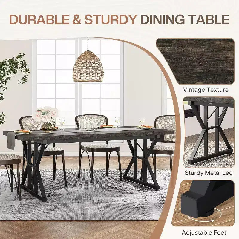 Okak Rustic Wood Large Rectangular Dining Table with X-Trestle Metal Legs,Long Modern Kitchen Dinner Table for Dining Room,Family Meals