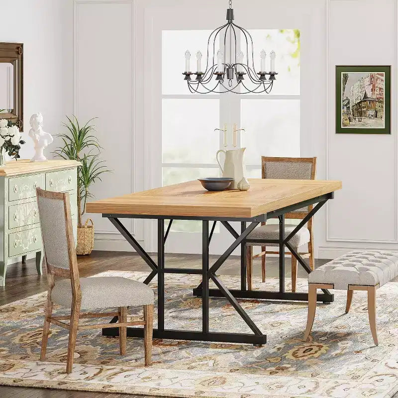 Okak Rustic Wood Large Rectangular Dining Table with X-Trestle Metal Legs,Long Modern Kitchen Dinner Table for Dining Room,Family Meals