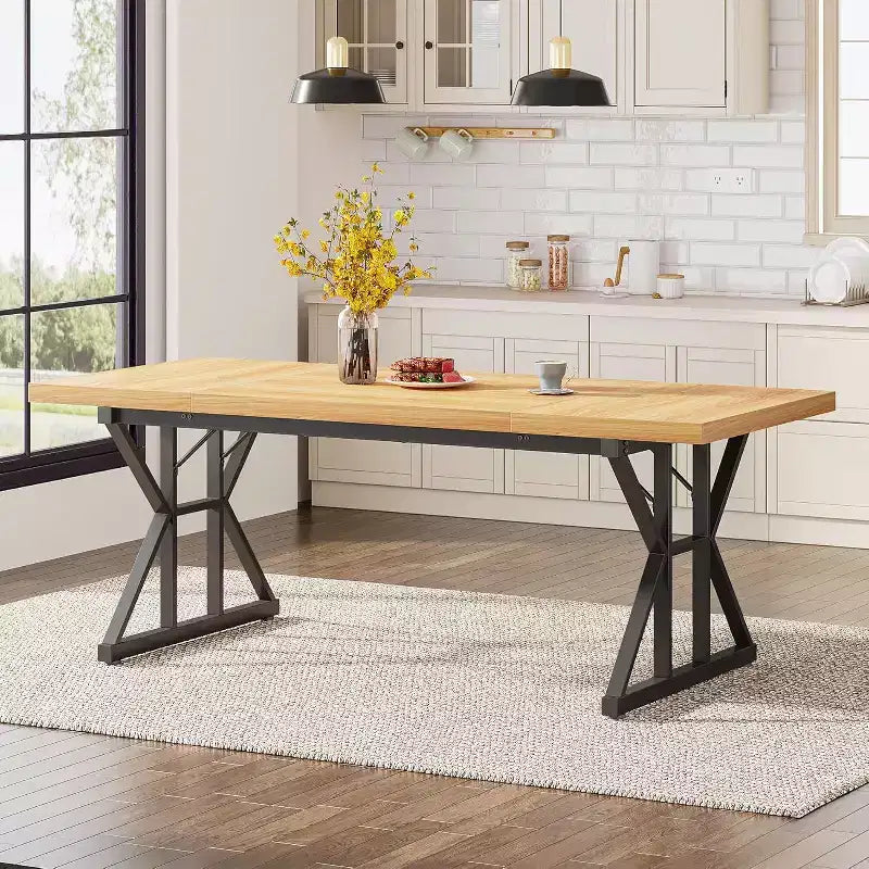 Okak Rustic Wood Large Rectangular Dining Table with X-Trestle Metal Legs,Long Modern Kitchen Dinner Table for Dining Room,Family Meals