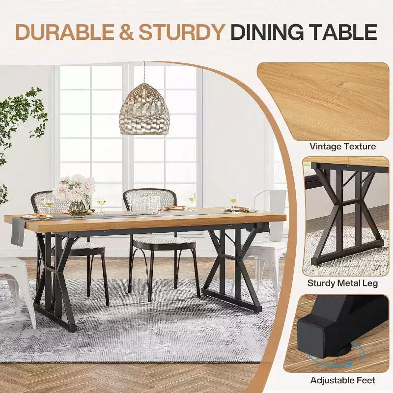 Okak Rustic Wood Large Rectangular Dining Table with X-Trestle Metal Legs,Long Modern Kitchen Dinner Table for Dining Room,Family Meals