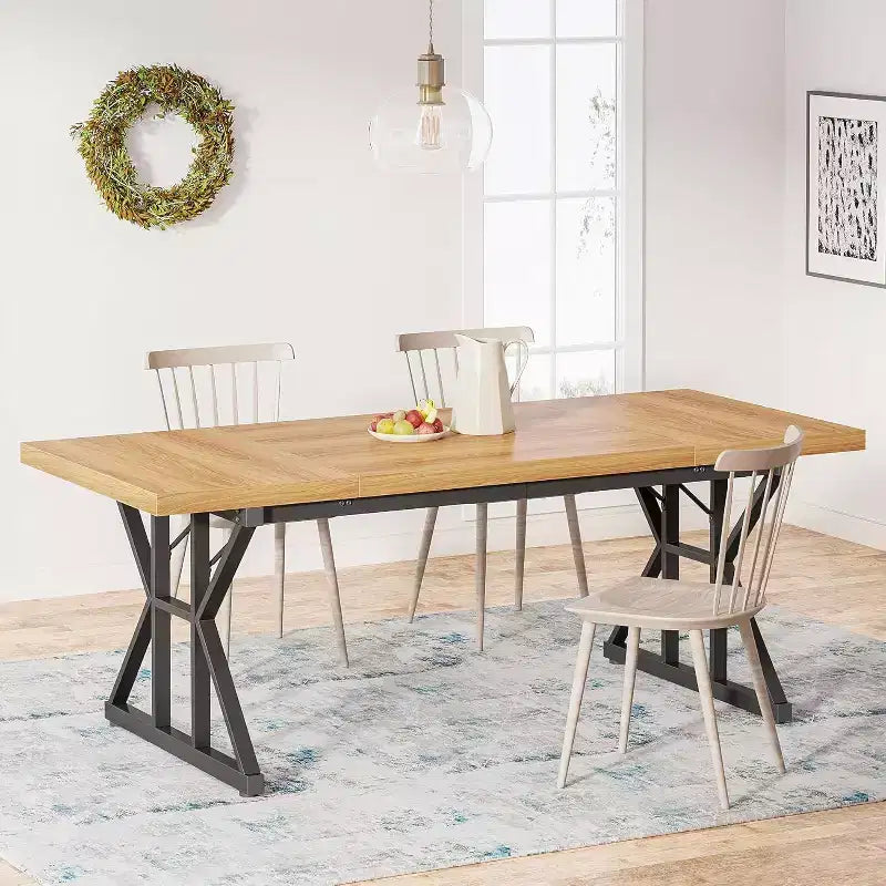 Okak Rustic Wood Large Rectangular Dining Table with X-Trestle Metal Legs,Long Modern Kitchen Dinner Table for Dining Room,Family Meals