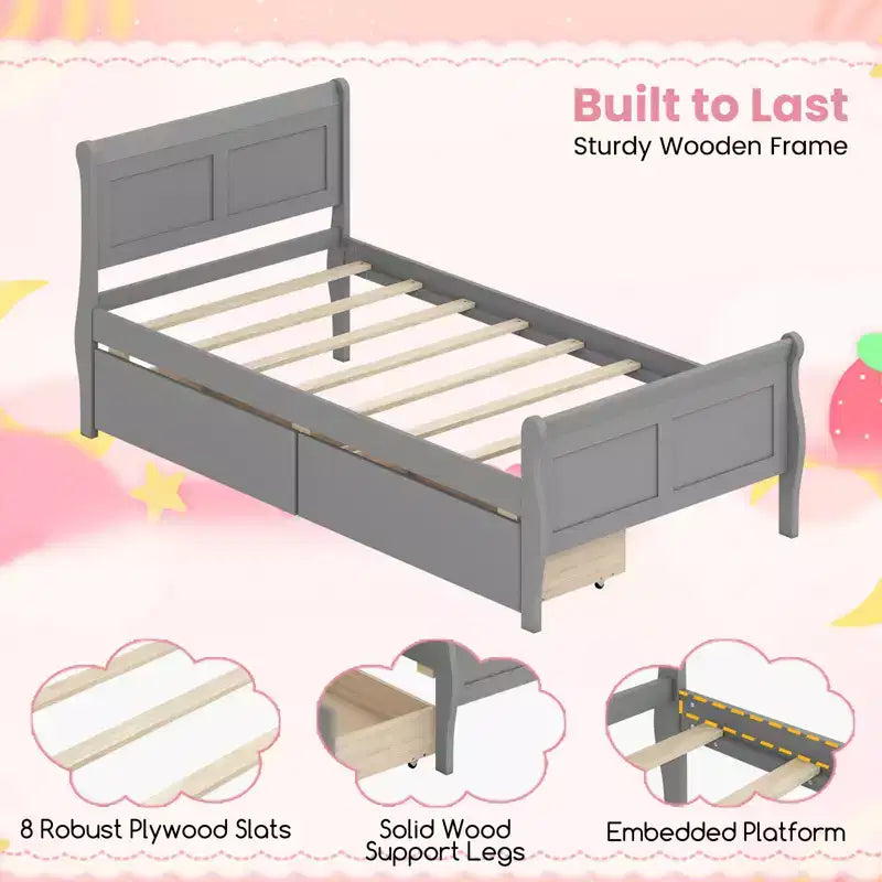 Costway Twin Size Bed Frame with 2 Storage Drawers Wood Platform Bed with Headboard Beige/White