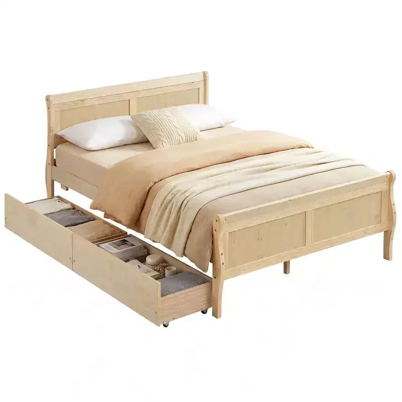 Costway Twin Size Bed Frame with 2 Storage Drawers Wood Platform Bed with Headboard Beige/White