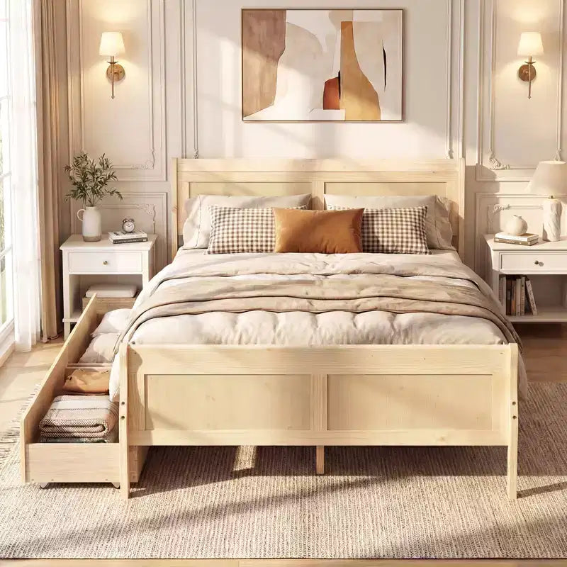 Costway Twin Size Bed Frame with 2 Storage Drawers Wood Platform Bed with Headboard Beige/White