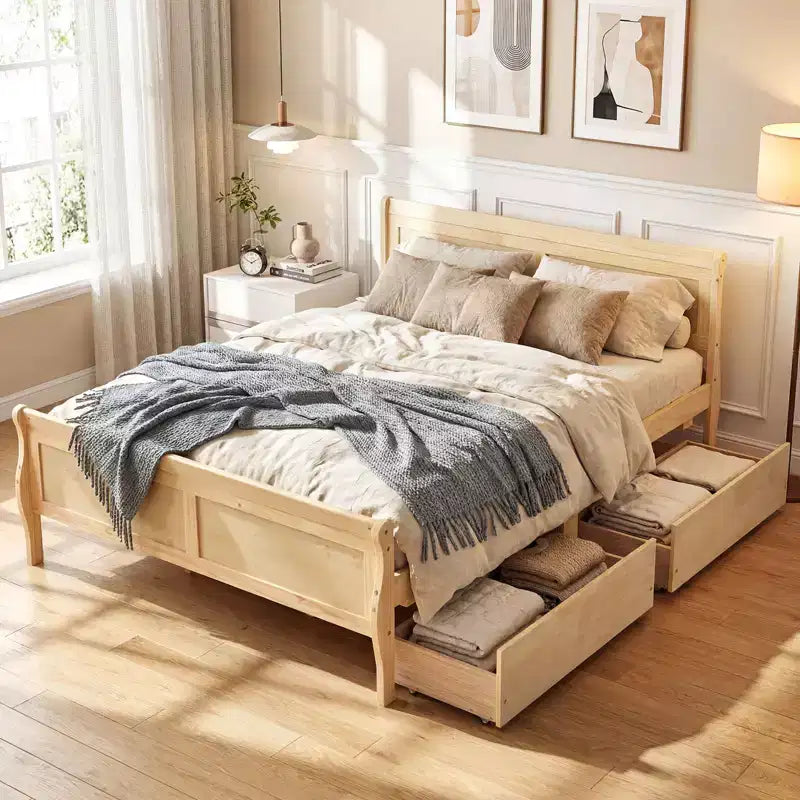 Costway Twin Size Bed Frame with 2 Storage Drawers Wood Platform Bed with Headboard Beige/White