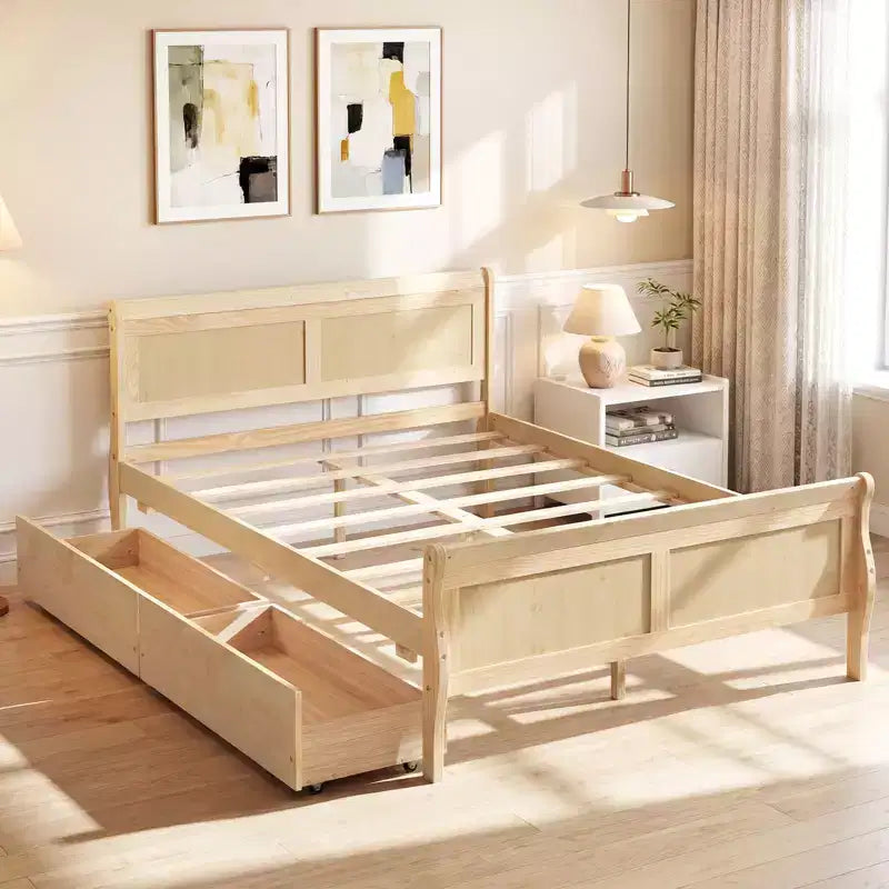 Costway Twin Size Bed Frame with 2 Storage Drawers Wood Platform Bed with Headboard Beige/White