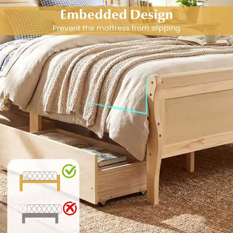 Costway Twin Size Bed Frame with 2 Storage Drawers Wood Platform Bed with Headboard Beige/White