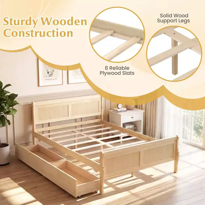 Costway Twin Size Bed Frame with 2 Storage Drawers Wood Platform Bed with Headboard Beige/White