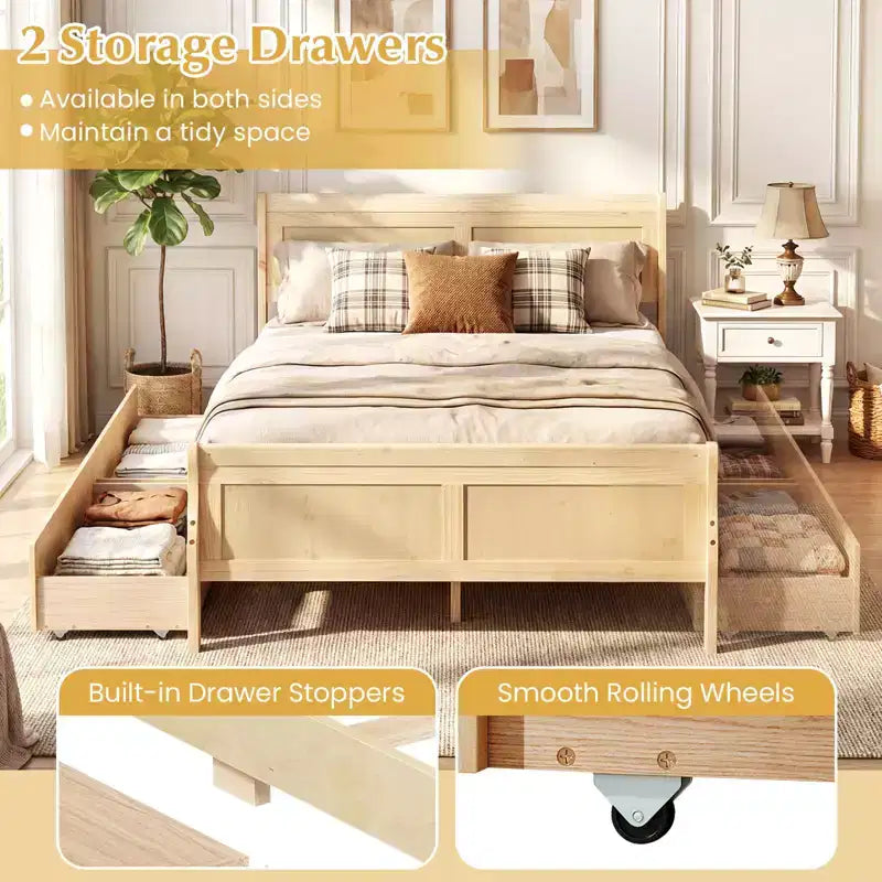 Costway Twin Size Bed Frame with 2 Storage Drawers Wood Platform Bed with Headboard Beige/White