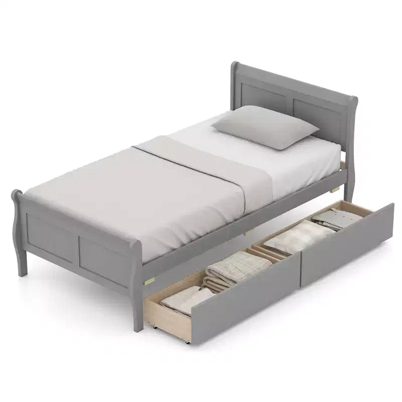 Costway Twin Size Bed Frame with 2 Storage Drawers Wood Platform Bed with Headboard Beige/White