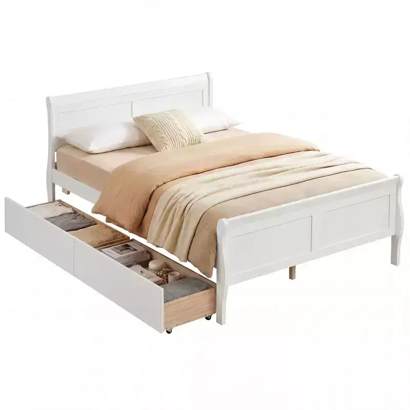 Costway Twin Size Bed Frame with 2 Storage Drawers Wood Platform Bed with Headboard Beige/White