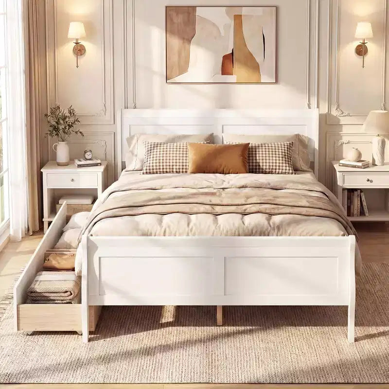 Costway Twin Size Bed Frame with 2 Storage Drawers Wood Platform Bed with Headboard Beige/White