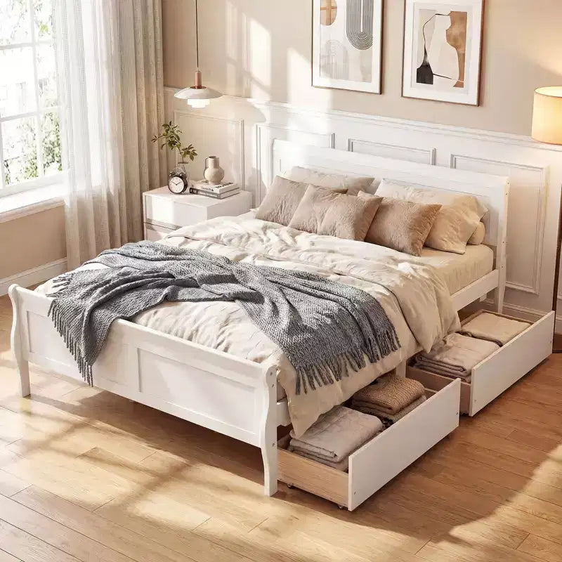 Costway Twin Size Bed Frame with 2 Storage Drawers Wood Platform Bed with Headboard Beige/White