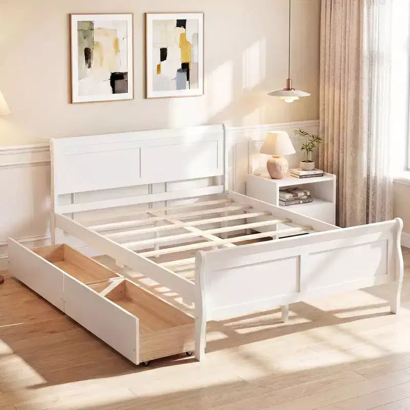 Costway Twin Size Bed Frame with 2 Storage Drawers Wood Platform Bed with Headboard Beige/White
