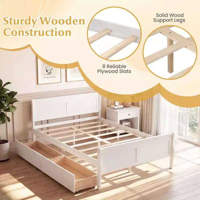 Costway Twin Size Bed Frame with 2 Storage Drawers Wood Platform Bed with Headboard Beige/White