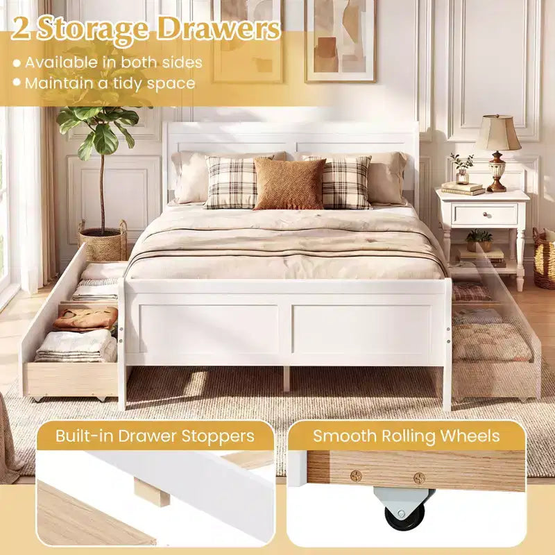 Costway Twin Size Bed Frame with 2 Storage Drawers Wood Platform Bed with Headboard Beige/White