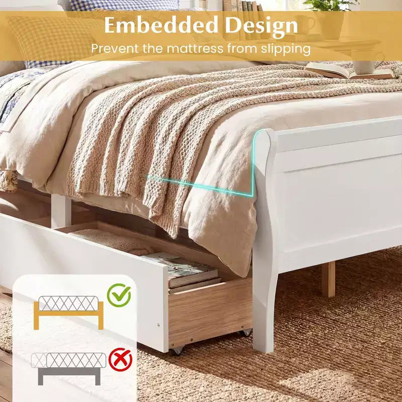Costway Twin Size Bed Frame with 2 Storage Drawers Wood Platform Bed with Headboard Beige/White